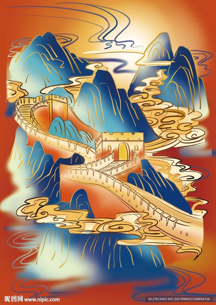 中国风国潮长城插画海报