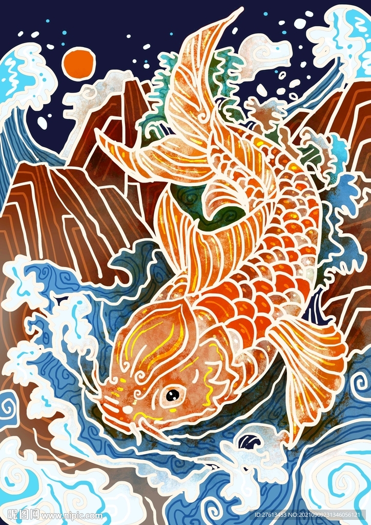 国潮锦鲤海浪插画海报