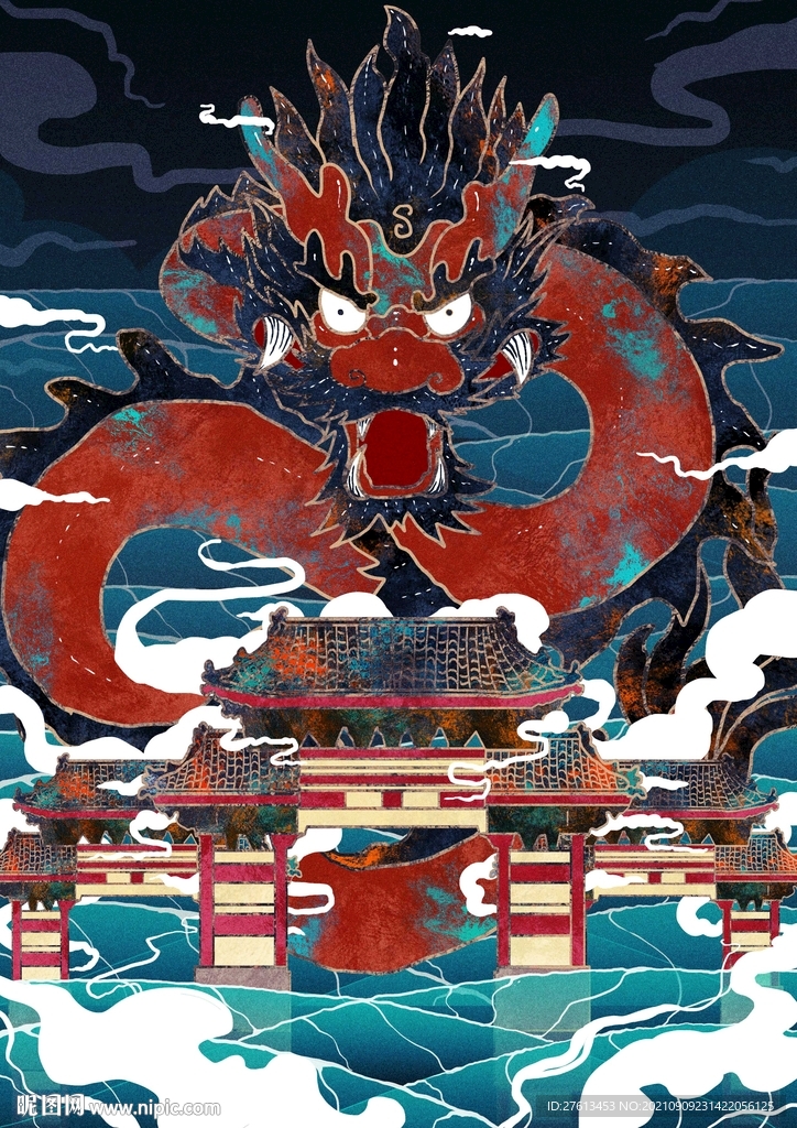 国潮风龙腾建筑插画海报