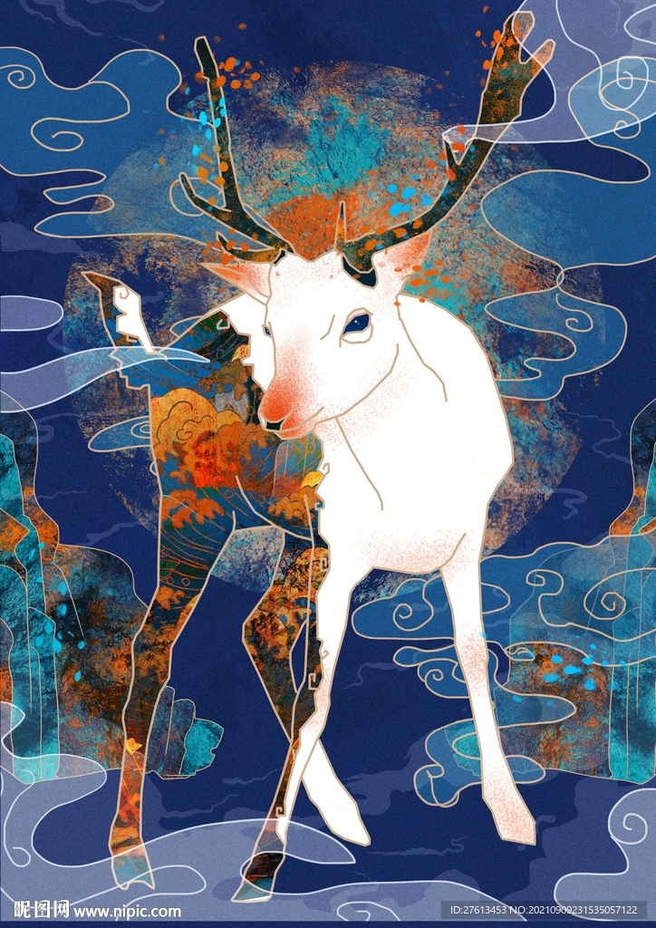 国潮风鹿插画海报