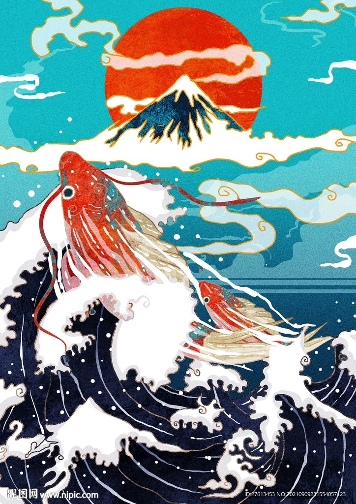 中国风红色鲤鱼插画海报
