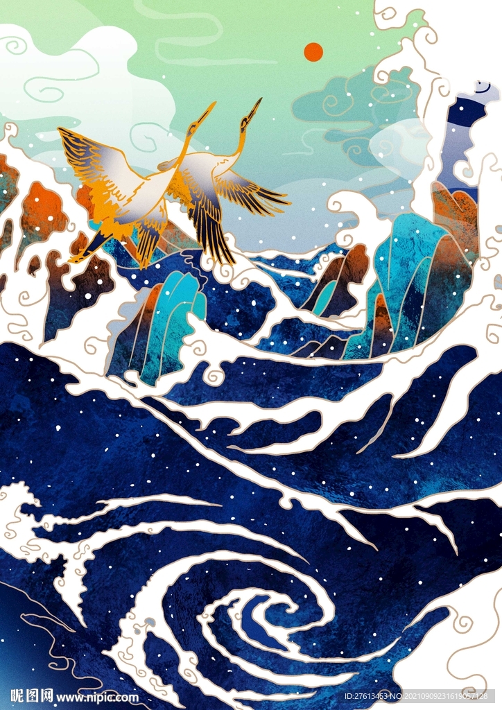 国潮风仙鹤海浪插画海报