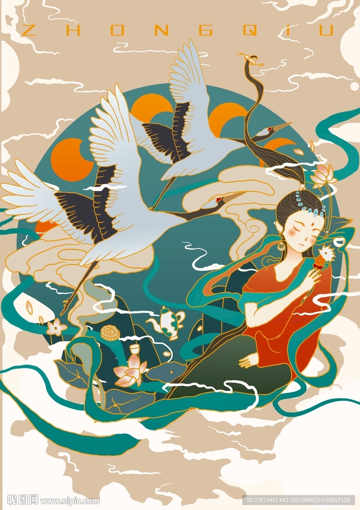 国潮风中秋嫦娥插画海报