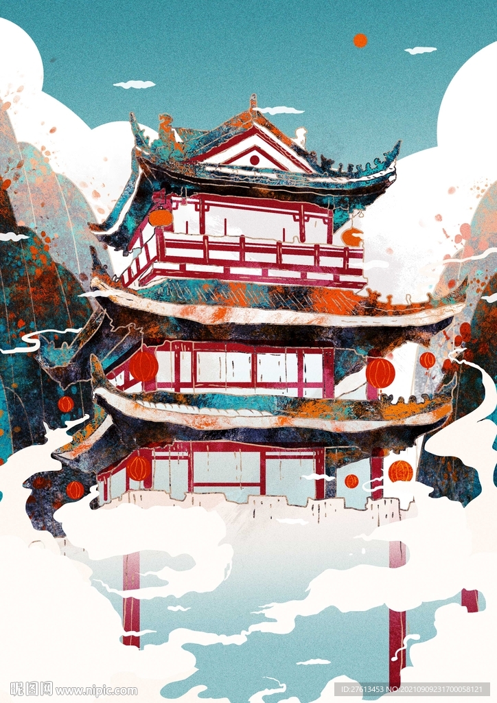 中国风建筑插画海报