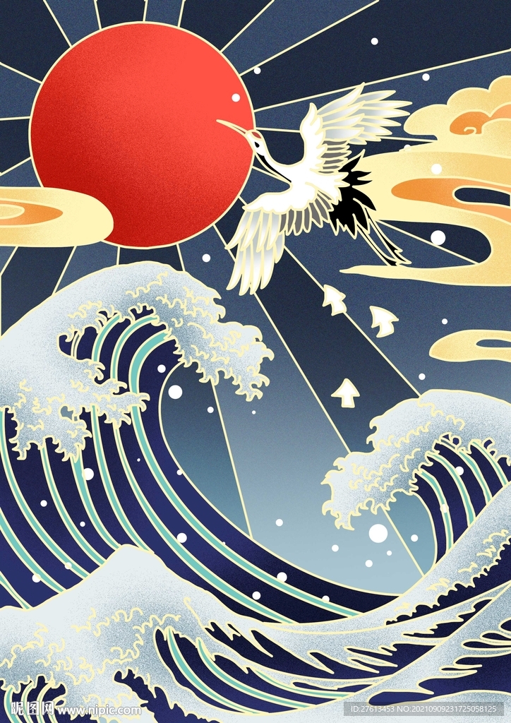 国潮风仙鹤海浪插画海报
