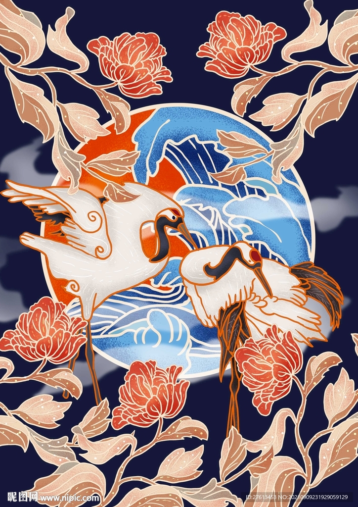 中国风仙鹤图腾插画海报