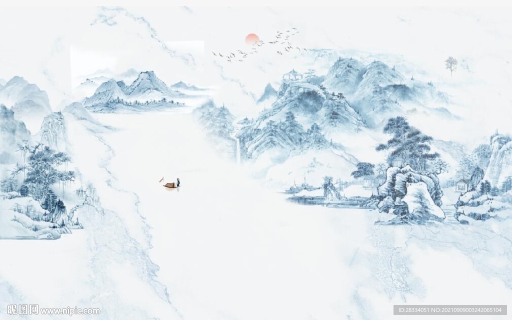 大理石爵士白水墨山水国画背景墙