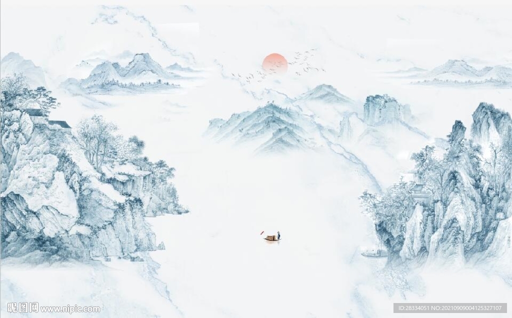 大理石爵士白水墨山水国画背景墙