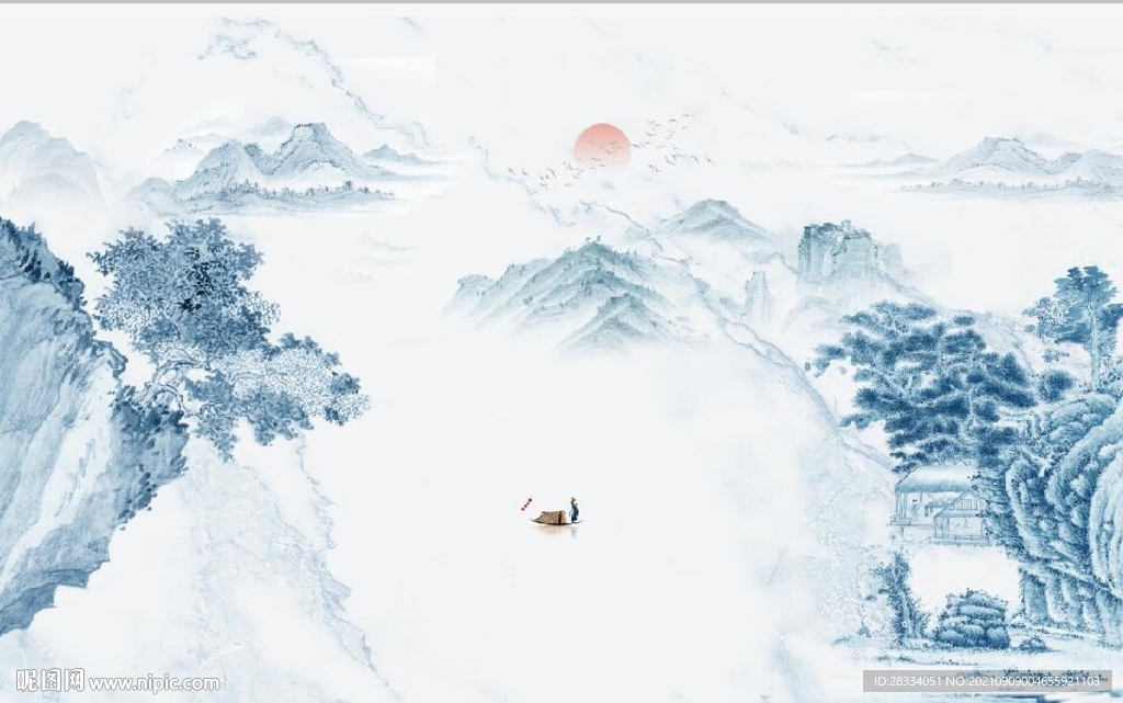 大理石爵士白水墨山水国画背景墙