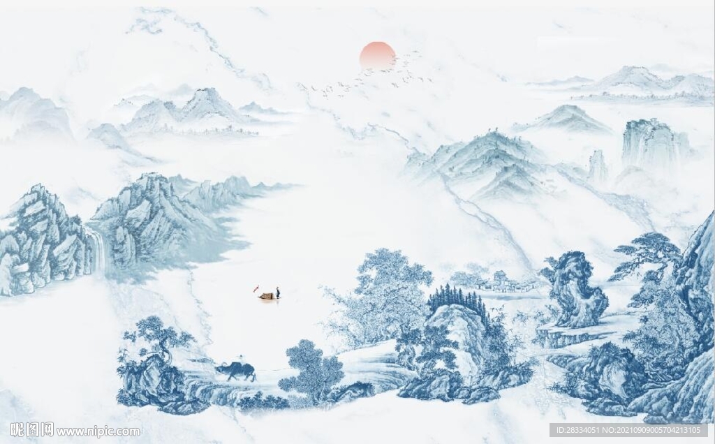 大理石爵士白水墨山水国画背景墙