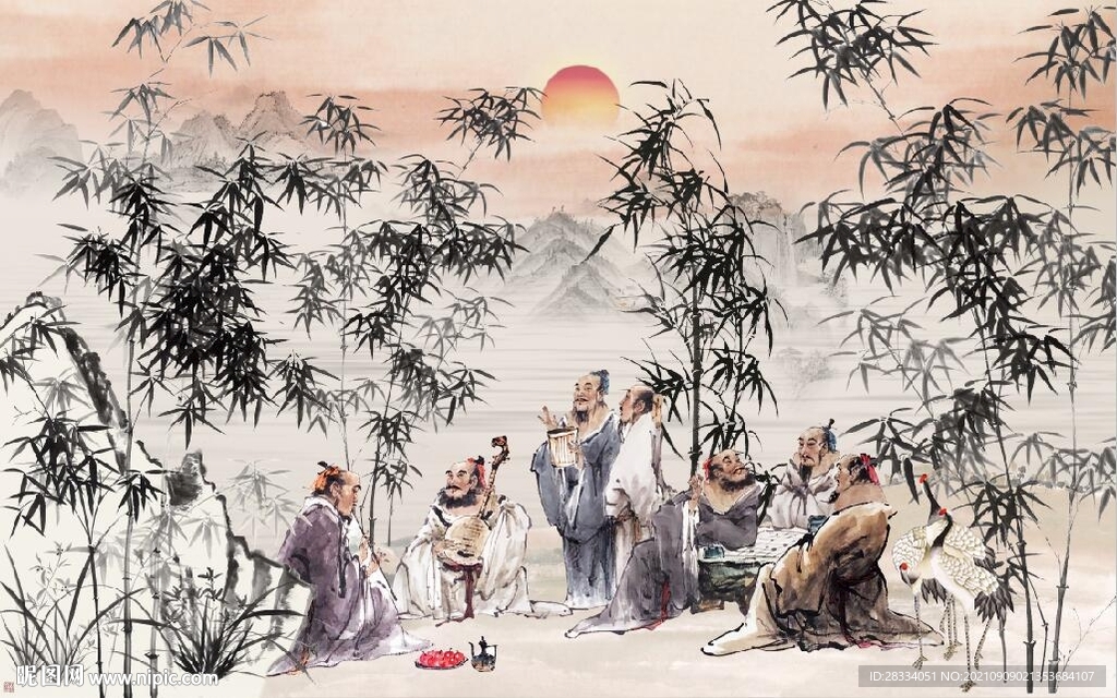 竹林七贤水墨国画电视背景墙