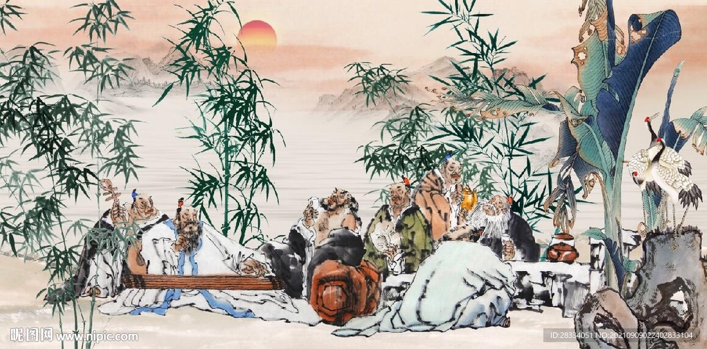 竹林七贤水墨国画电视背景墙