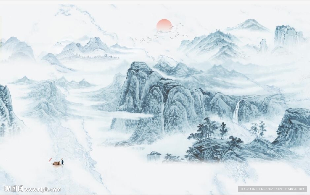 大理石爵士白水墨山水国画背景墙