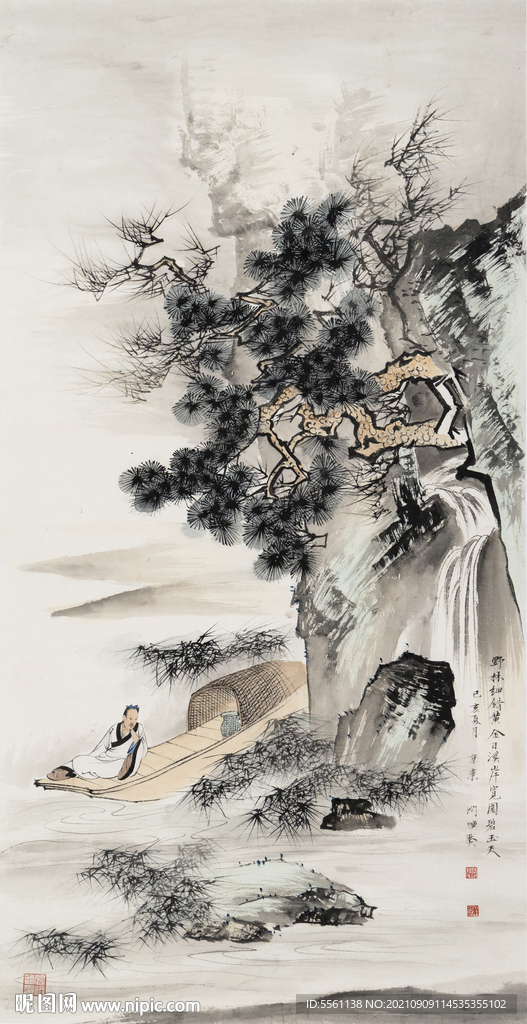 闫焕然松荫泊舟图