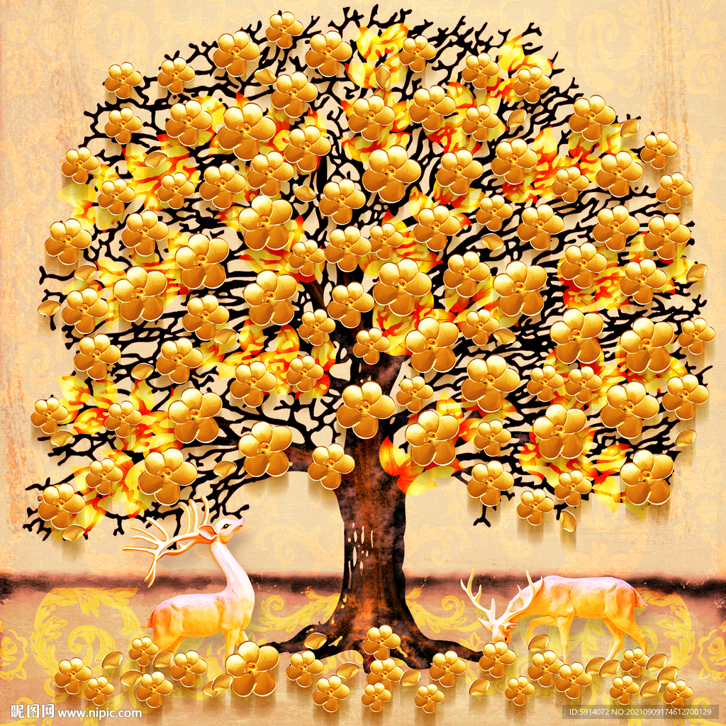 晶瓷画 发财树 麋鹿