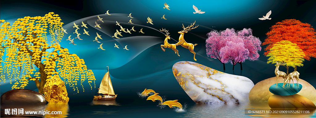 石来运转麋鹿山水画晶瓷画装饰画