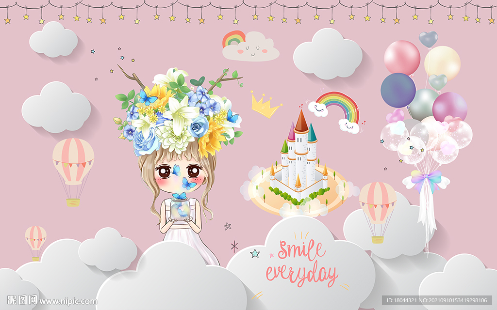 可爱公主气球儿童房背景墙