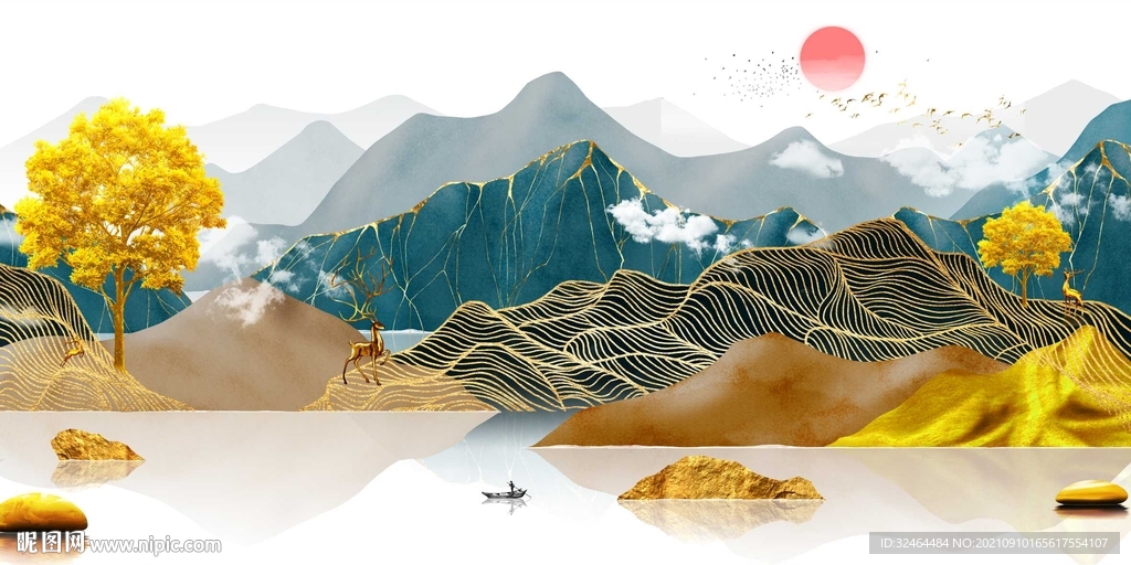 金山麋鹿发财树三联画