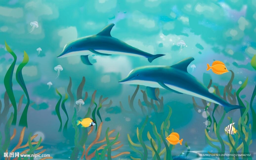 水底海洋海豚背景墙