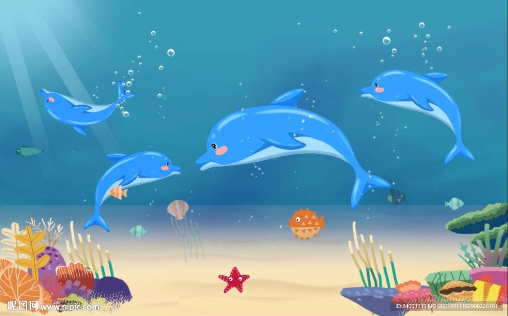 卡通海洋世界海豚背景墙