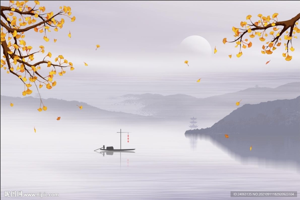 中式银杏山水背景墙