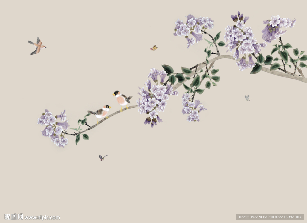 高清手绘花鸟3D立体背景墙壁画