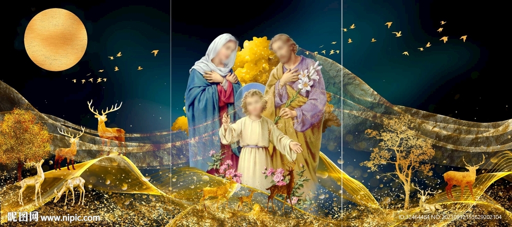 金色麋鹿发财树三联画