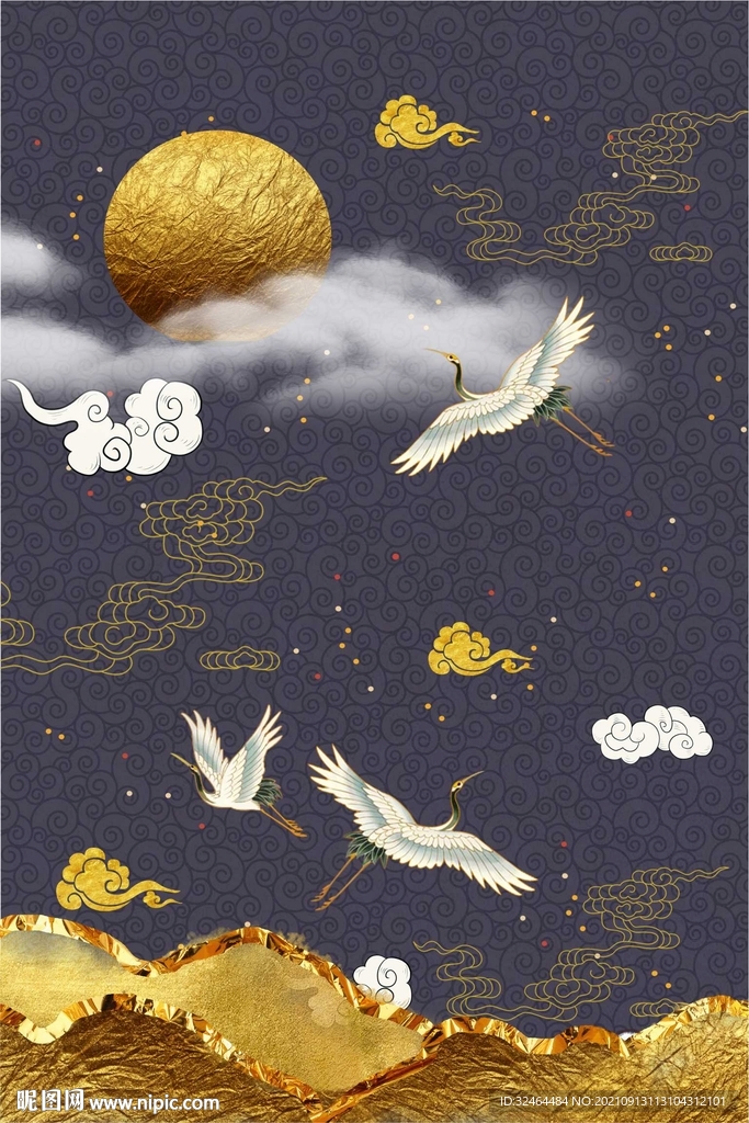 国潮仙鹤金山装饰画