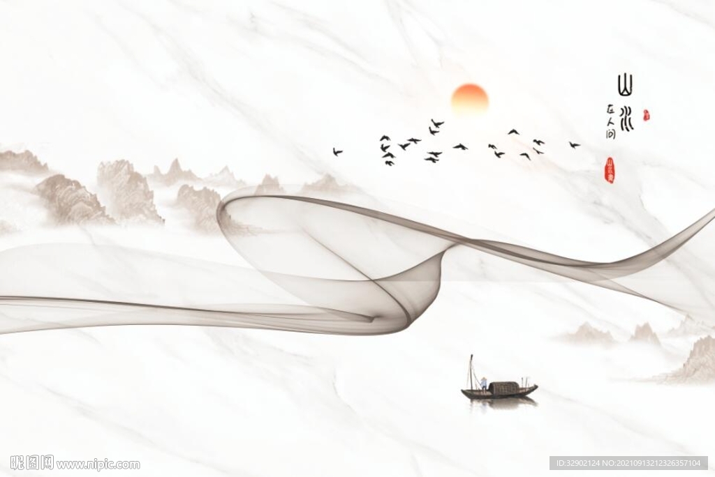 新中式曲线山水背景墙