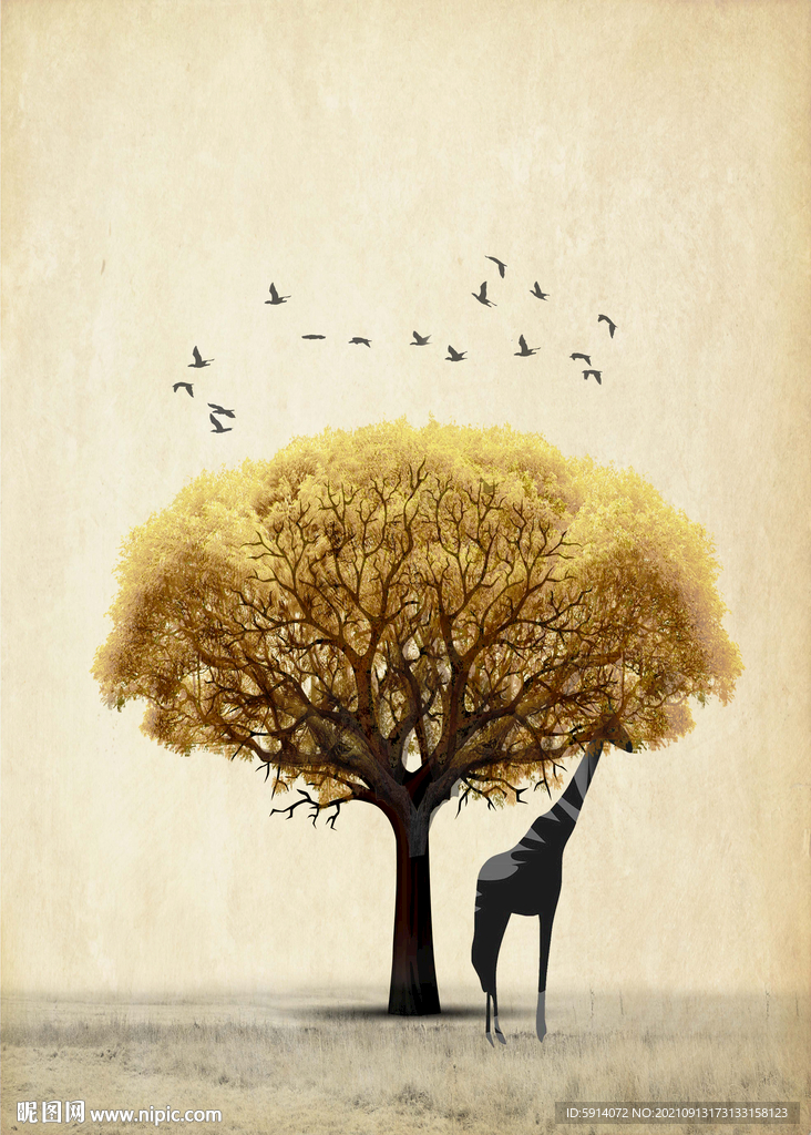 晶瓷画 树 长颈鹿