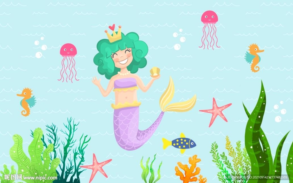 手绘美人鱼卡通壁画