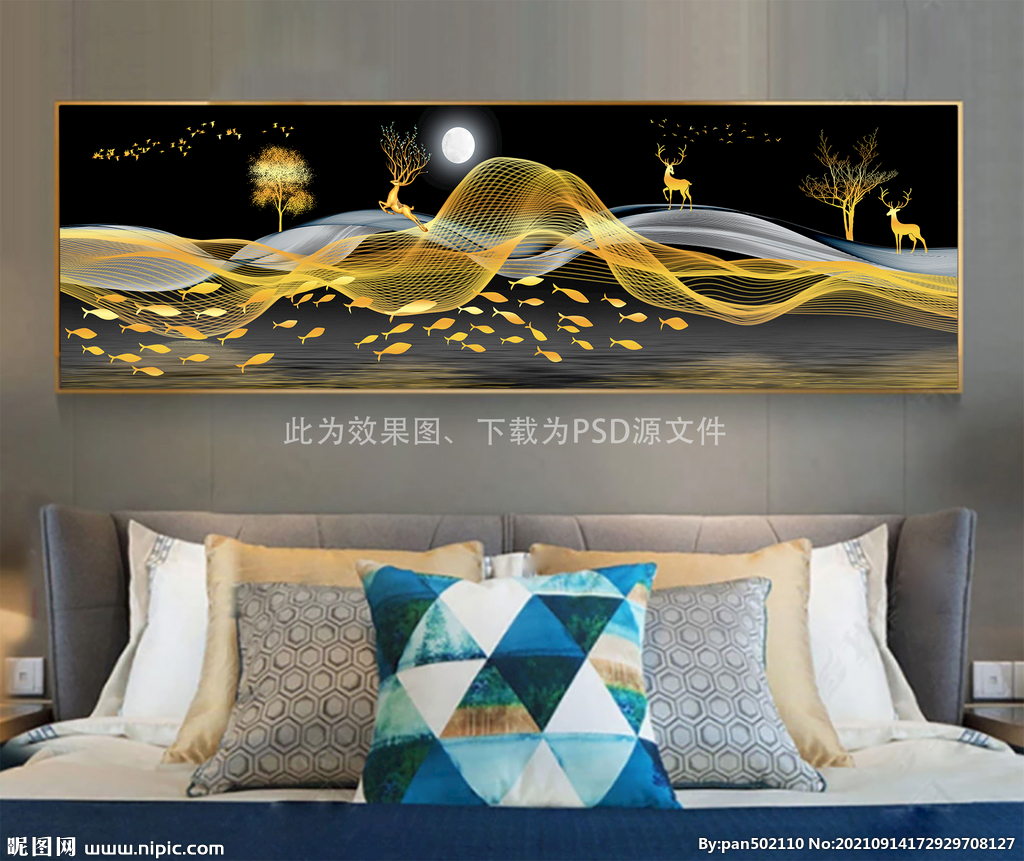 床头画 线条金鹿