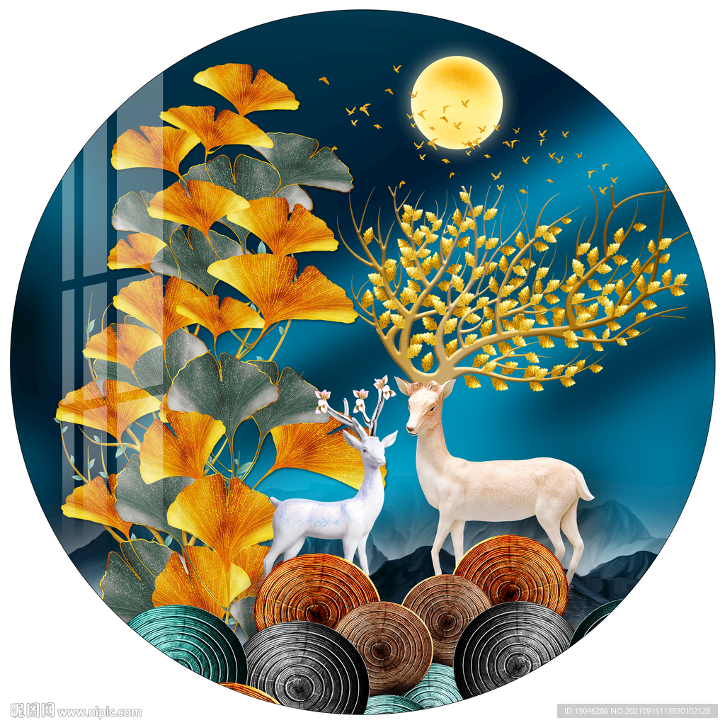 轻奢银杏叶麋鹿圆形装饰画