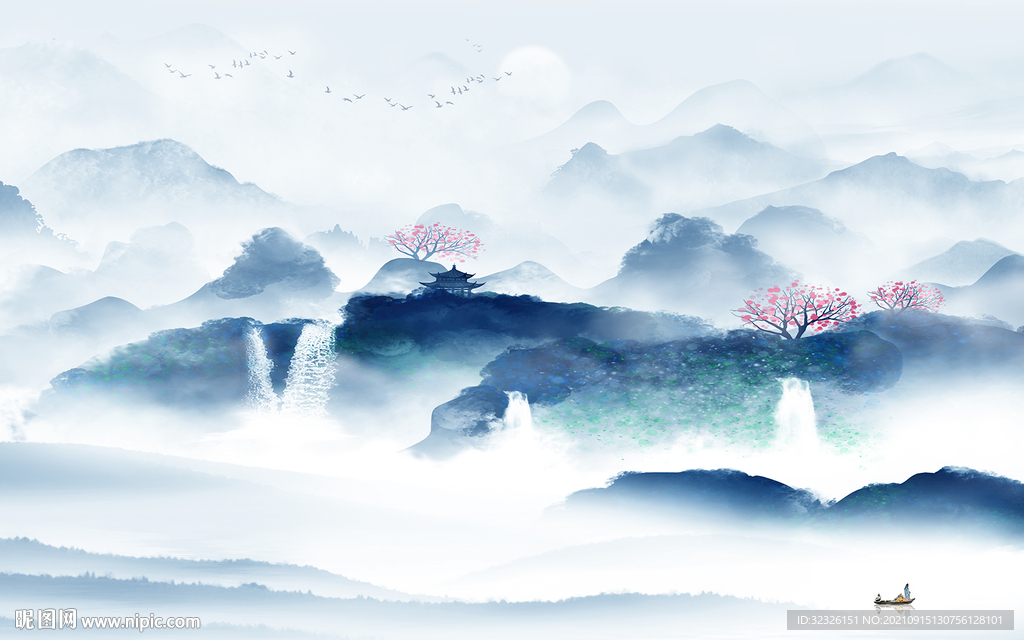 蓝色背景中式山水 tif分层