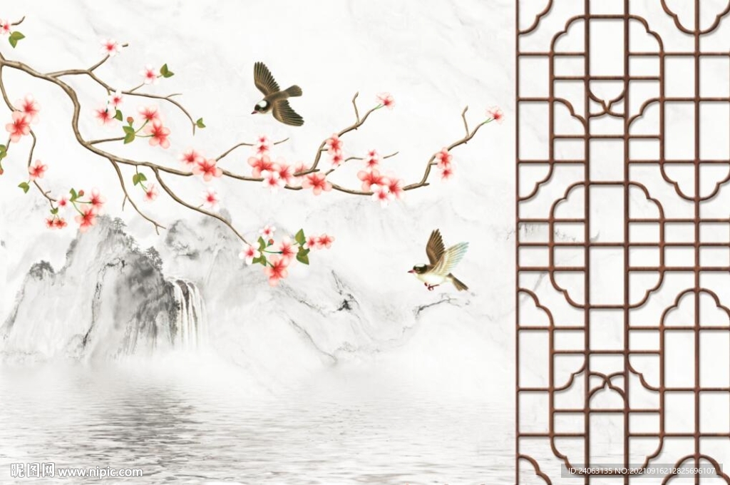 中式屏风花鸟背景墙