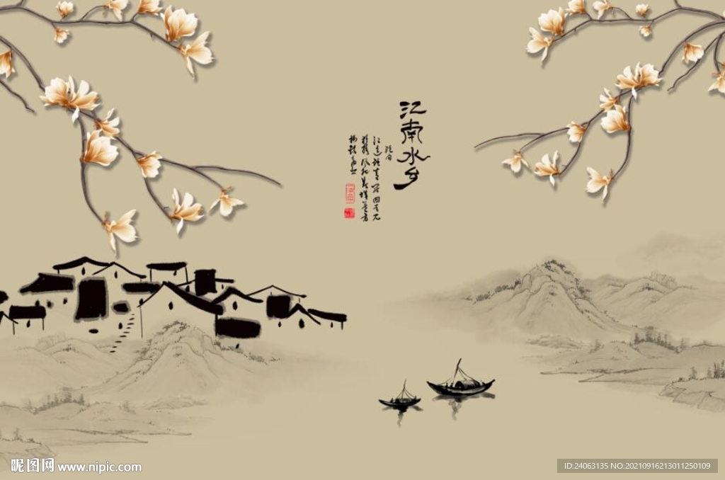 玉兰江南水乡背景墙