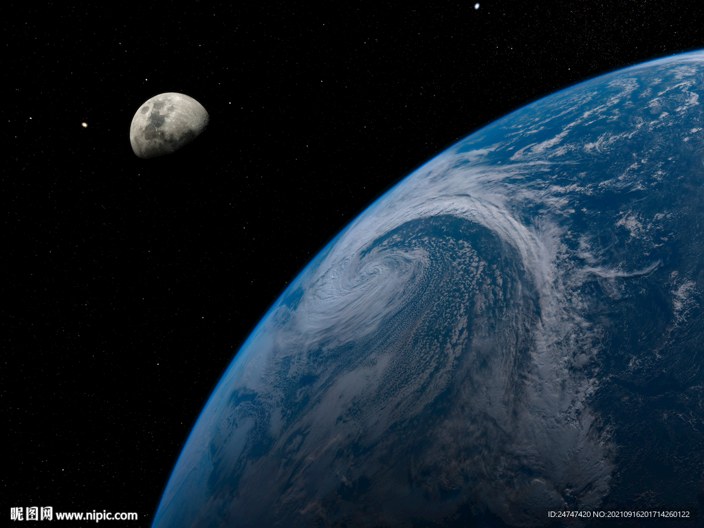 太空俯瞰地球与月亮图片