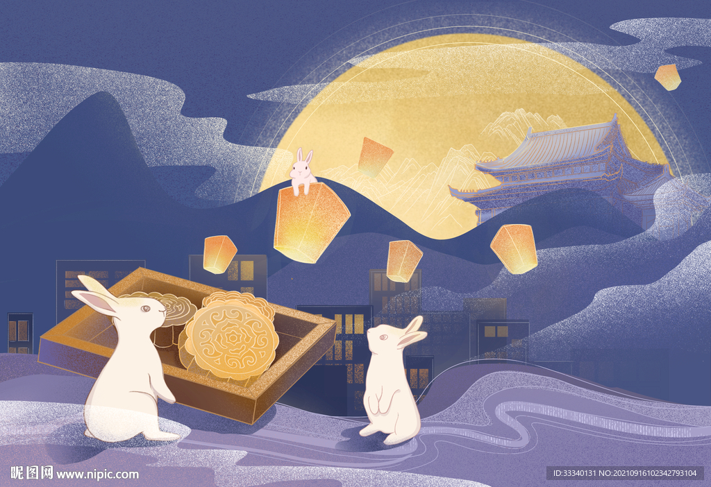 玉兔在一起看孔明灯吃月饼过中秋