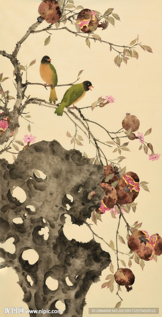 古典花鸟虫鱼石榴中式装饰画