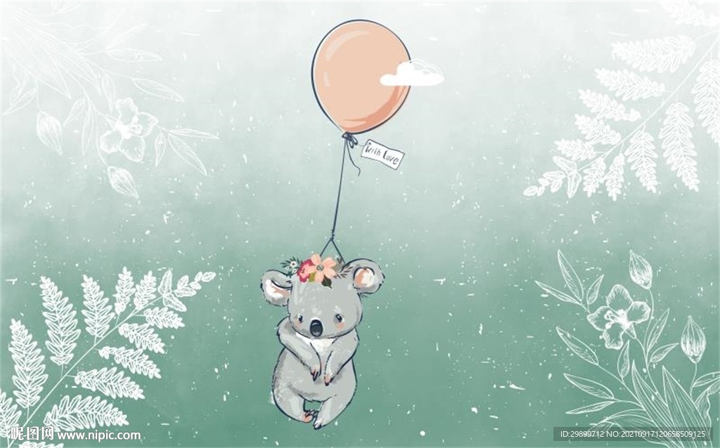 卡通气球小狐狸叶子绿色壁纸背景