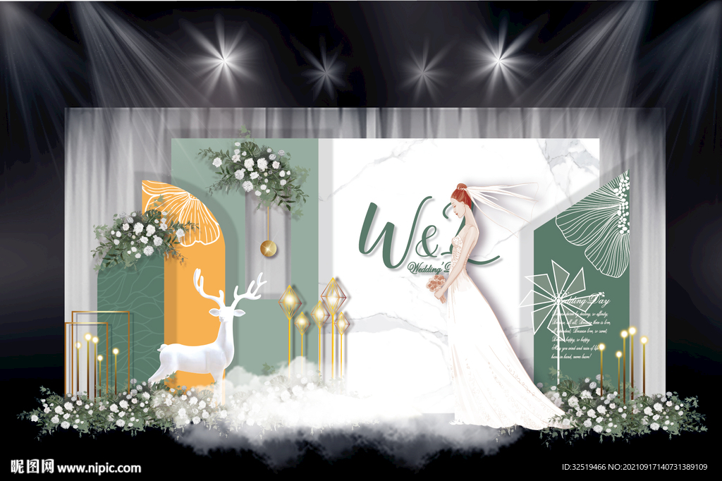 白绿色简约婚礼效果图设计