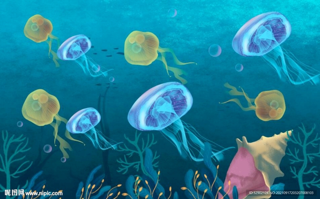 手绘水母海底世界壁画
