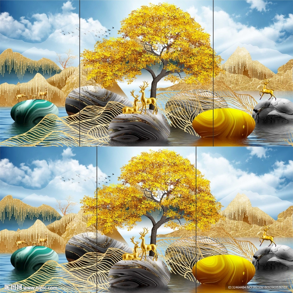 麋鹿金山发财树三联画