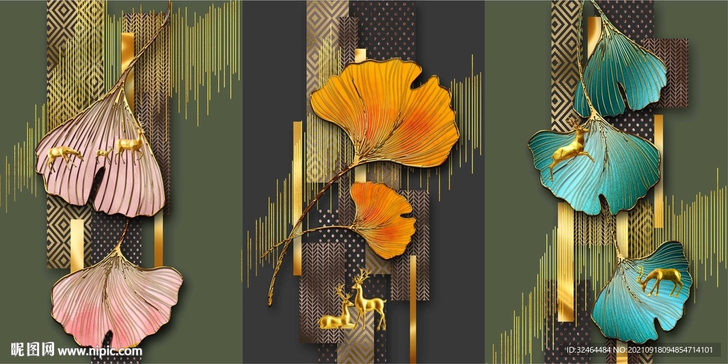 轻奢麋鹿银杏叶三联画