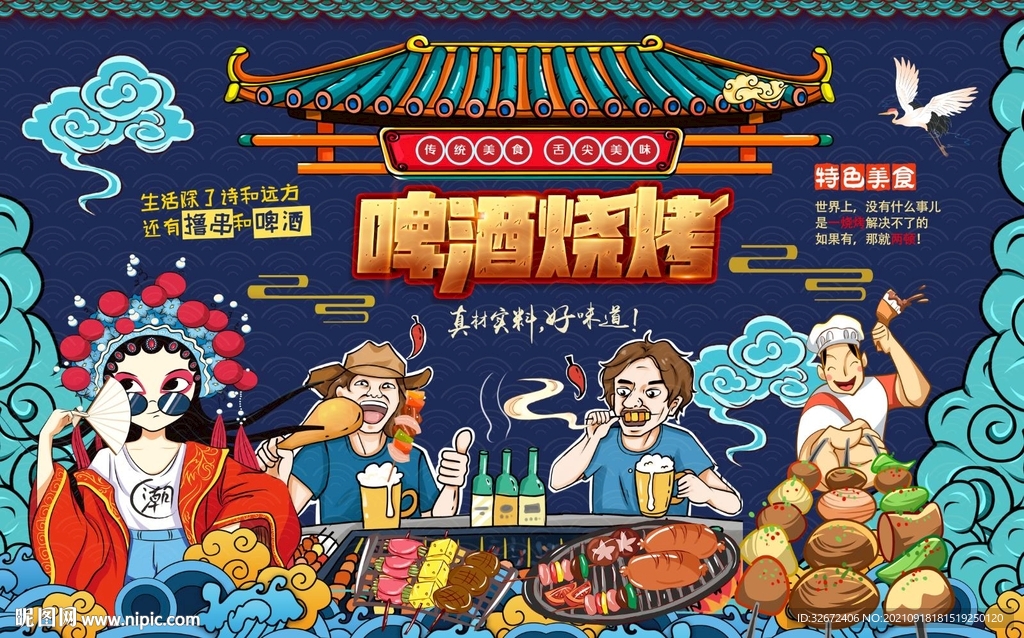 国潮烧烤夜宵美食工装背景墙图片