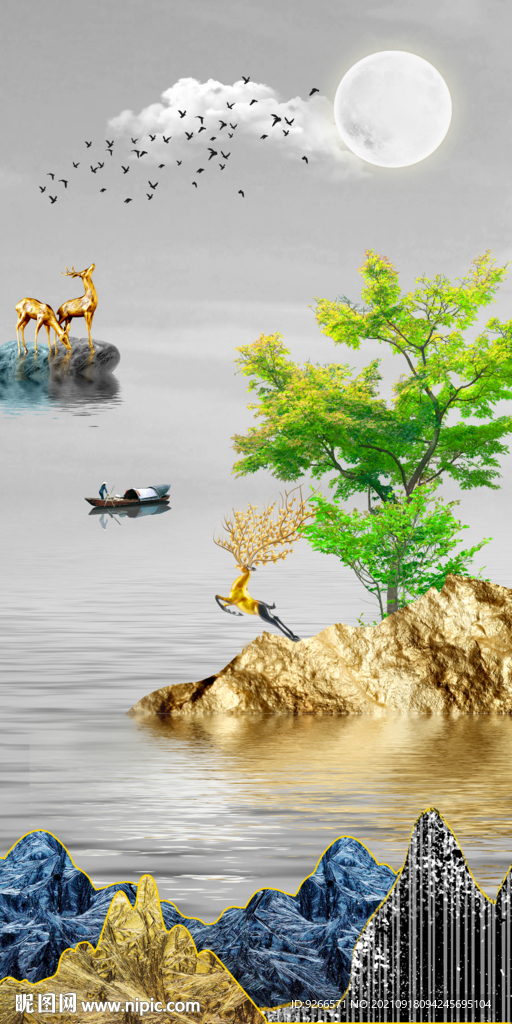 山水发财树玄关装饰画