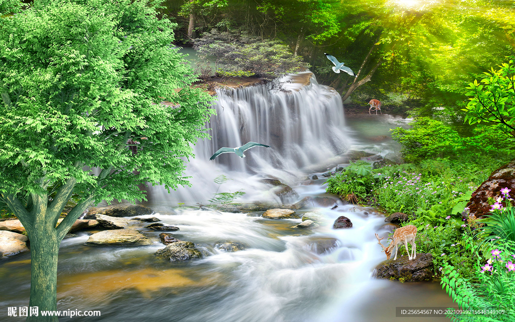 风景画流水背景墙