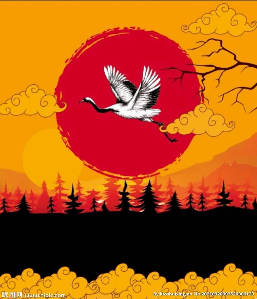 红色 太阳 仙鹤 松树 树影 