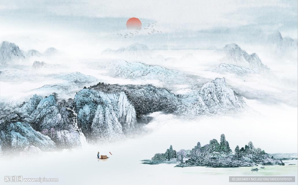 中式青绿山水国画电视背景墙