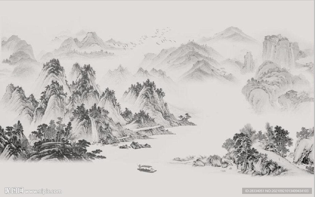 中式水墨山水国画电视背景墙